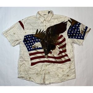 American Flag Bald Eagle Button Up‎ Shirt Mens L White Short Sleeve